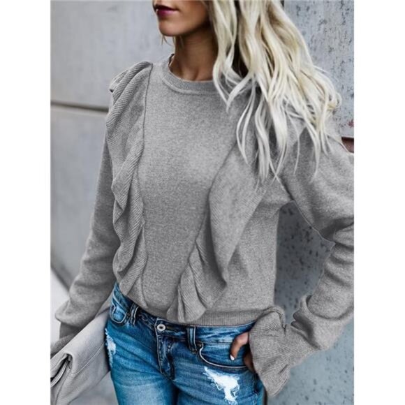 Long Sleeve Ruffle Front Rib Knit Shirt Top - Picture 2 of 6